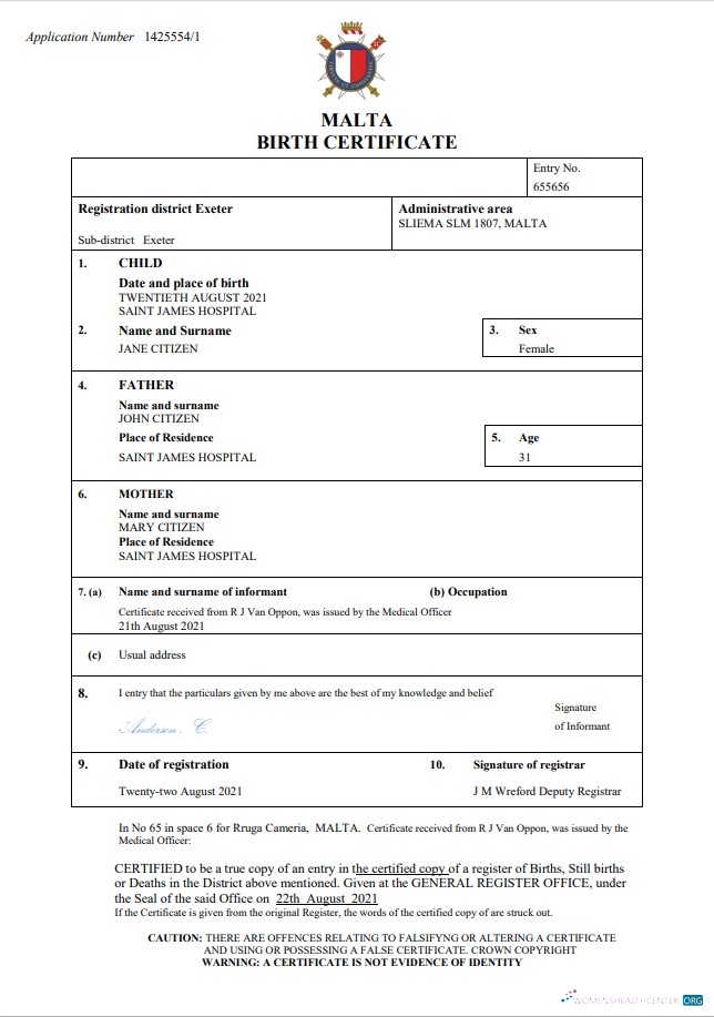 Download Malta birth certificate Word and PDF template Photoshop template